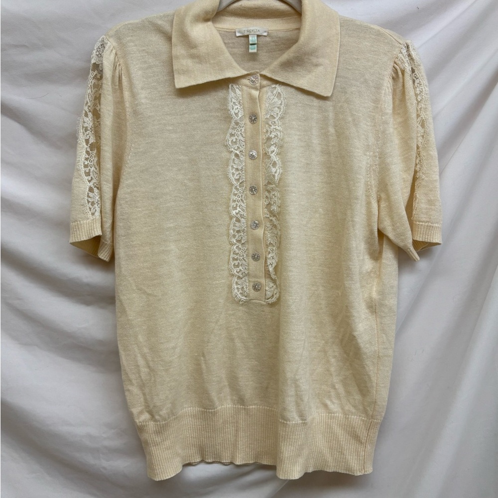 Escada vintage cashmere blend sweater cream lace collared short sleeve 42 L